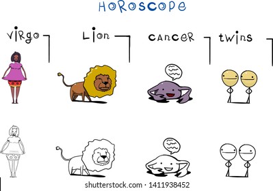 Four zodiac signs are arranged in a row. Among them are horoscope characters such as Virgo, Cancer, Lion, and Twins. The woman stretches the dress, showing the spotted shorts.