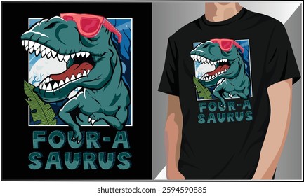 Four-A Saurus T Shirt Design, Back To School Four Saurus T-shirt Vector, Kids Dino T-Shirt, T-Rex Lover, Four Saurus Dinosaur Themed Birthday TShirt, T-Rex Dinosaur Vintage Vector illustration.