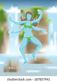 Four-armed woman dances on a blurred tropical waterfall background vector illustration