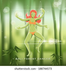 Four-armed woman dancing over a blurred tropical bamboo forest background vector illustration