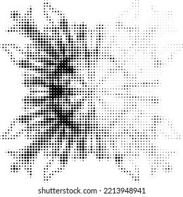 A four-axis dotted halftone mandala with petals, with the upper right quadrant lightened. Contour of dots, polka dots, blots, spots, slicks, strokes. Space for copy text. Vector.