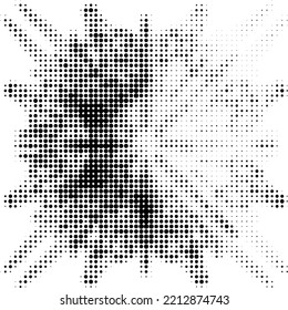 A four-axis dotted halftone mandala with the upper right quadrant lightened. Contour of dots, polka dots, blots, spots, slicks, strokes. Space for copy text. Vector.