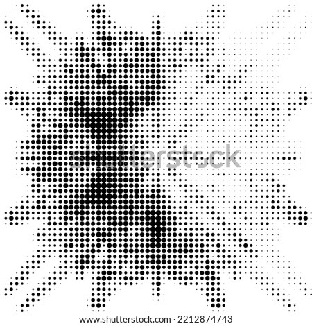 A four-axis dotted halftone mandala with the upper right quadrant lightened. Contour of dots, polka dots, blots, spots, slicks, strokes. Space for copy text. Vector.