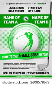 Four-ball golf match poster template with ball, metal club and halftone textures - all parts in separate and named layers. Vector illustration.