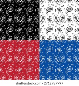 Cuatro-Color Mini Paisley Seamless Pattern Set – Negro, Blanco, Rojo, Azul
