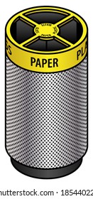 A four-compartment waste and recycling bin with a perforated stainless steel exterior.