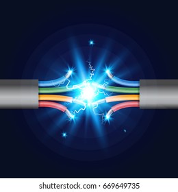 Four-core Electric cable break with electric spark. Vector illustration.