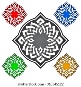 Four-cornered logo template in Celtic knots style. Stylish tattoo symbol. Silver ornament for jewelry design and samples of other colors.