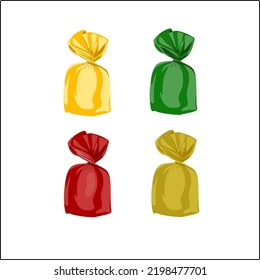 Four-flavored candy box design with Yellow, red, green and brown colors. flat vector