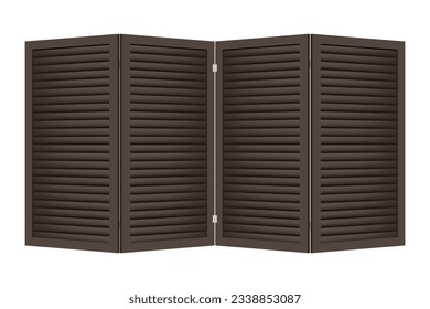 Four-fold dark wooden interior folding screen with horizontal slats. Vector illustration on a white background. Object for dividing a room. Vintage paravan for changing clothes and toilet