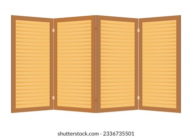 Four-fold wooden folding screen with horizontal slats. Vector object on a white background. Interior item for dividing a room. Vintage paravan for changing clothes and toilet