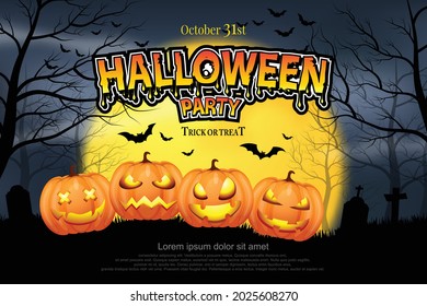four-headed ghost pumpkin on gravel grass scary misty forest in the night of the full moon and flying bats Halloween party Celebrate the Halloween season.