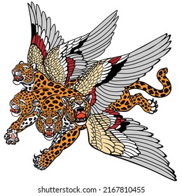 Four-headed leopard with wings of a bird on its back. Mythological creature beast of Daniel prophecy. Biblical animal monster in the flight. Isolated vector illustration