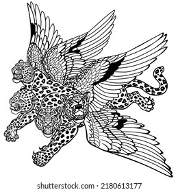 Four-headed Leopard With Wings Of A Bird On Its Back. Mythological Creature Beast Of Daniel Prophecy. Biblical Animal Monster In The Flight. Black And White Vector Illustration