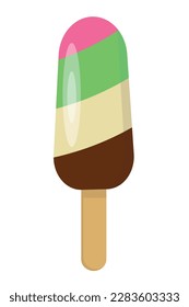 Four-layer ice cream on a stick, vanilla, chocolate, strawberry and mint. Design for cafes, shops, advertising.