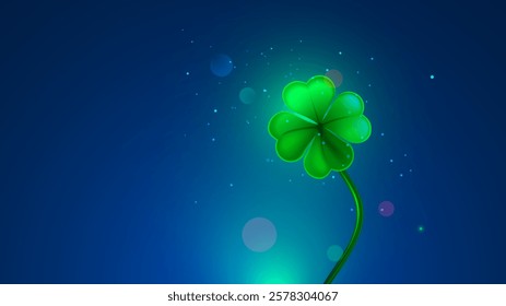 Four-leaf clover against clear evening sky. Magic 4 leaf clover that brings good luck. Clover with four leaves is an Irish symbol of luck. One minimalistic Clover background for St. Patrick Day.