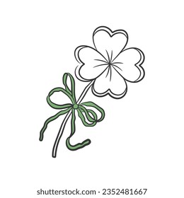 Four-leaf clover with a bow on the stem. St. Patrick's Day. Line art, hand drawing style. Tattoo design, element, icon. Vector illustration isolated on ф white background.