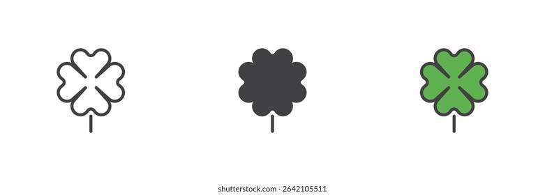 Four-leaf clover design in line, solid and colorful filled outline icon. Vector lucky symbol icon set for good fortune and Irish culture themes.