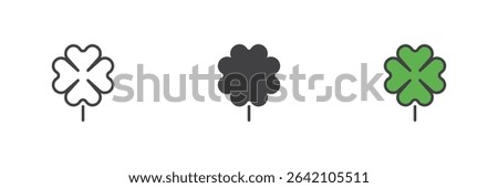 Four-leaf clover design in line, solid and colorful filled outline icon. Vector lucky symbol icon set for good fortune and Irish culture themes.
