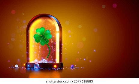 Four-leaf clover in glass flask. A magical clover that brings good luck. Clover with four leaves is an Irish symbol of luck. Clover background for St. Patrick Day. Fortune Four-leaf hanging in flask.