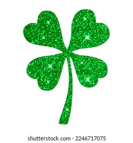 Vierblättriges Kleeblatt mit glänzendem Effekt, Symbol für den irischen Feiertag des St. Patrick's Day und viel Glück, Das Blatt ist aus smaragdgrünem Glitter. Die Vektorgrafik ist einzeln auf weißer Vase