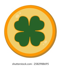 Four-leaf clover gold coin icon for St. Patrick's Day. 