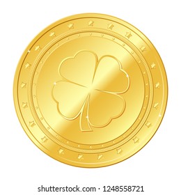 Four-leaf clover gold coin with stars. Saint Patrick's day. Irish. Shamrock.
Lucky. Vector illustration isolated on white background. 
Editable elements and glare. Casino game. Rich EPS 10