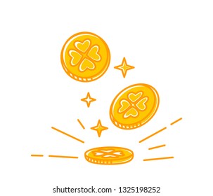 Four-leaf clover gold coins fall to the ground. Lucky Coins. Vector illustration