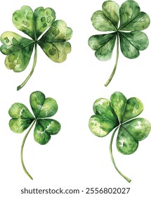 Four-Leaf Clover Green Watercolor Hand-Drawn Illustration