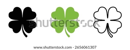 Four-leaf clover icon set. A symbol of good luck, fortune. Black and green colors. Isolated on a white background. Editable stroke.