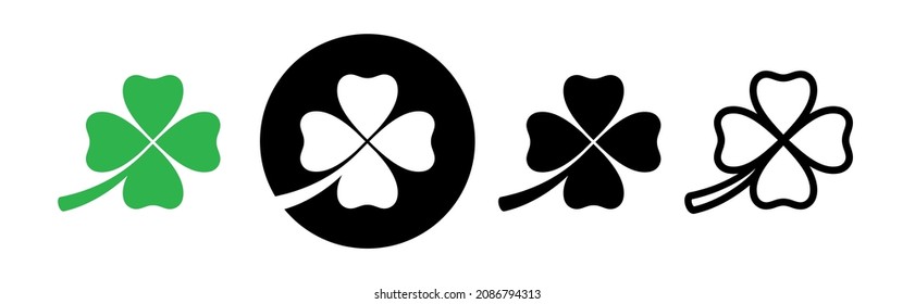 Four-leaf clover icons set. Good luck symbol. Attribute of the Irish Leprechaun. Isolated vector illustration on white background.