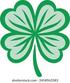 Four-leaf clover illustration in shades of green, Decorative leaves symbol of good luck