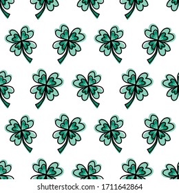 Four-leaf clover leaves on white seamless vector pattern. Cute hand drawn lucky charms