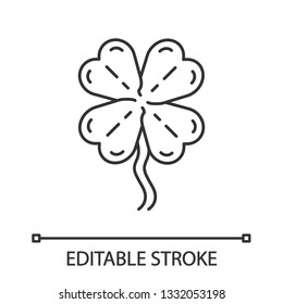 Four-leaf clover linear icon. Thin line illustration. Shamrock. Good luck mascot. Saint Patrick's Day contour symbol. Vector isolated outline drawing. Editable stroke