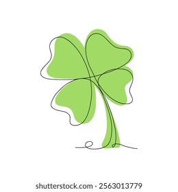 Four-leaf clover, a modern illustration of a green leaf hand-drawn in one continuous line, vector. Decorative graphic outline drawing with a colored background. A botanical element in a flat design