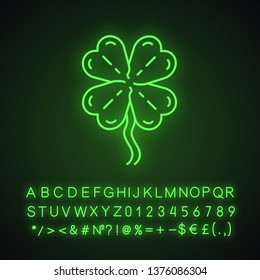 Four-leaf clover neon light icon. Shamrock. Good luck mascot. Saint Patrick Day. Glowing sign with alphabet, numbers and symbols. Vector isolated illustration