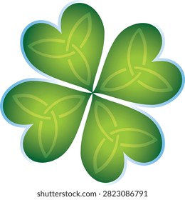 The four-leaf clover is one of the world's most recognized symbols of luck, prosperity, and good fortune. Combined with the intricate beauty of the Celtic Trinity Knot, this elegant vector illustration celebrates Irish culture, ancient Celtic traditions, and the festive spirit of Saint Patrick's Day. The artwork features four heart-shaped green leaves, each decorated with a subtle Trinity Knot pattern, enhanced by a smooth green gradient that creates a modern three-dimensional appearance.

Designed in a clean vector style, this illustration is ideal for greeting cards, posters, logos, holiday decorations, social media graphics, educational materials, and print-on-demand products. Its timeless symbolism and professional design make it suitable for both seasonal celebrations and year-round decorative use.

The Meaning of the Four-Leaf Clover

The four-leaf clover has fascinated people for centuries because of its rarity and association with good luck. While most clovers naturally have three leaves, finding one with four leaves is considered uncommon and fortunate.

Traditionally, each leaf represents:

Hope
Faith
Love
Luck

Because of this symbolism, the four-leaf clovers widely used as a universal emblem of positivity, success, and happiness.

The Celtic Trinity Knot

One of the most distinctive elements of this illustration is the Celtic Trinity Knot, also known as the Triquetra.

The Trio Knots symbolizes:

Unity
Eternity
Balance
Spiritual connection
The endless cycle of life

Its continuous interwoven lines have no beginning or end, making it one of the most recognizable symbols in Celtics art and design.

By incorporating this ancient motif into each leaf, the art beautifully combines traditional Irish heritage with modern graphic styling.

Features of the art
Four Heart-Shaped Leaves

The clovers consists of four symmetrical heart-shaped leaf that create a balanced and harmonious composition.