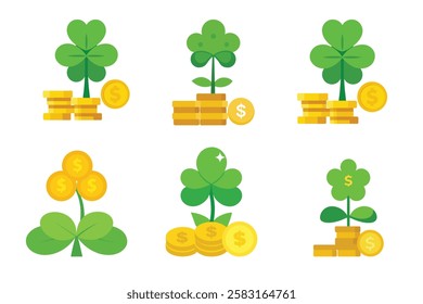 A four-leaf clover resting on a pile of US dollar banknotes and gold coins, symbolizing fortune and prosperity