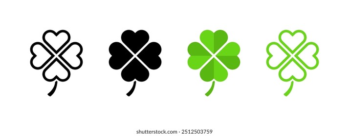 Conjunto de iconos de trébol de cuatro hojas. Lineal, silueta y estilo plano. Iconos del vector.