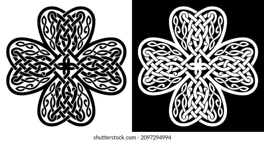 Four-leaf clover shaped knot made of Celtic heart shape knots, black and white silhouette, celtic style. Isolated vector illustration