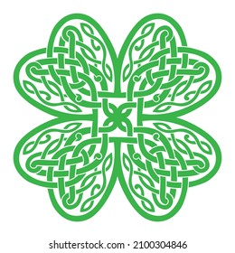 Four-leaf clover shaped knot made of Celtic heart shape knots, green silhouette, celtic style tattoo. Isolated vector illustration