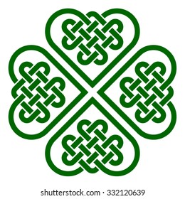 Four-leaf clover shaped knot made of Celtic heart shape knots, vector illustration, green silhouette isolated on white background