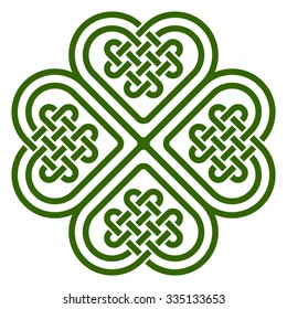 Four-leaf clover shaped knot made of Celtic heart shape knots, vector illustration, green silhouette isolated on white background