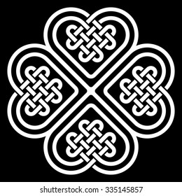 Four-leaf clover shaped knot made of Celtic heart shape knots, vector illustration, white silhouette isolated on black background