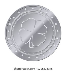 Four-leaf clover silver coin with stars. Saint Patrick's day. Irish. Shamrock.
Lucky. Vector illustration isolated on white background. 
Editable elements and glare. Casino game. Rich EPS 10