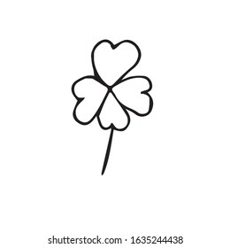 Four-leaf clover single. Doodle style. Decoration St. Patrick's Day.Hand-drawn. Black line.  Vector isolated on a white background.