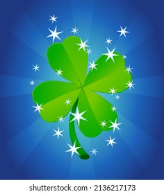 Four-leaf clover surrounded by star, symbol of St. Patrick's Day and lucky charm with light rays (cut out)