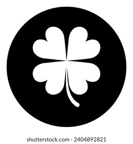 A four-leaf clover symbol in the center. Isolated white symbol in black circle. Vector illustration on white background