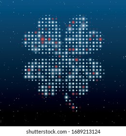 The four-leaf clover symbol filled with white dots. Some dots is red. Vector illustration on blue background with stars