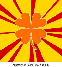 Four-leaf clover symbol on a background of red flash explosion radial lines. A large orange symbol is located in the center of the sunrise. Vector illustration on yellow background